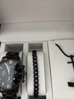 4 Piece Black Men’s Jewelry Set Watch, Necklace 22 Inch, Ring Size 9, Bracelet