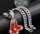 Baseball Trendy Boston Red Sox Pendant & 20" Cuban Cubic Zirconia Chain Necklace